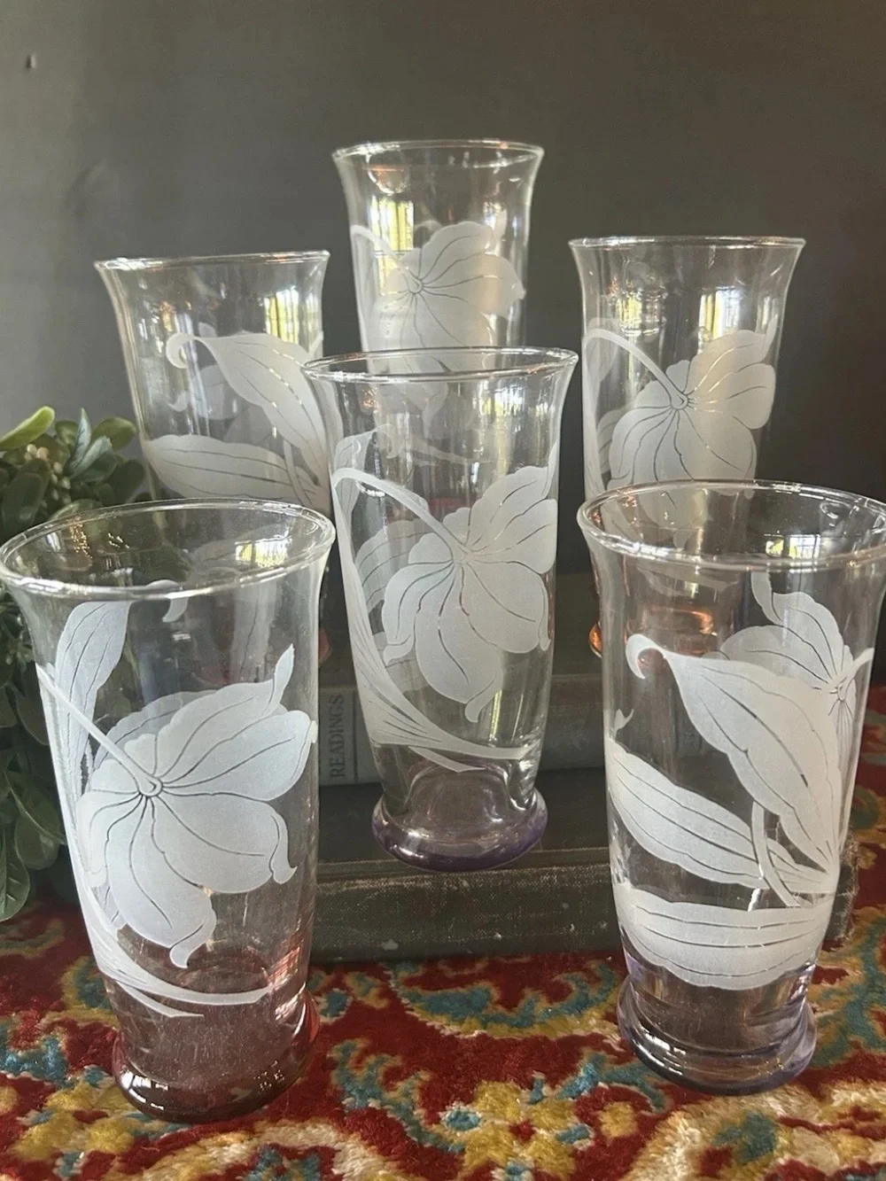 6 Vintage McBride Cameo Frosted Leaf Glasses Tumbler Multicolored Bases